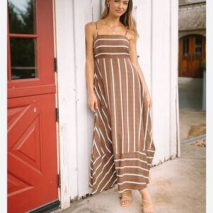 Elegant Brown White Striped Sleeveless Come Sail Away Maxi Sun Dress
